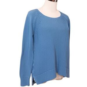 LOFT Cableknit Sweater M Cotton High Low Hem Blue Casual‎ Office Career Event